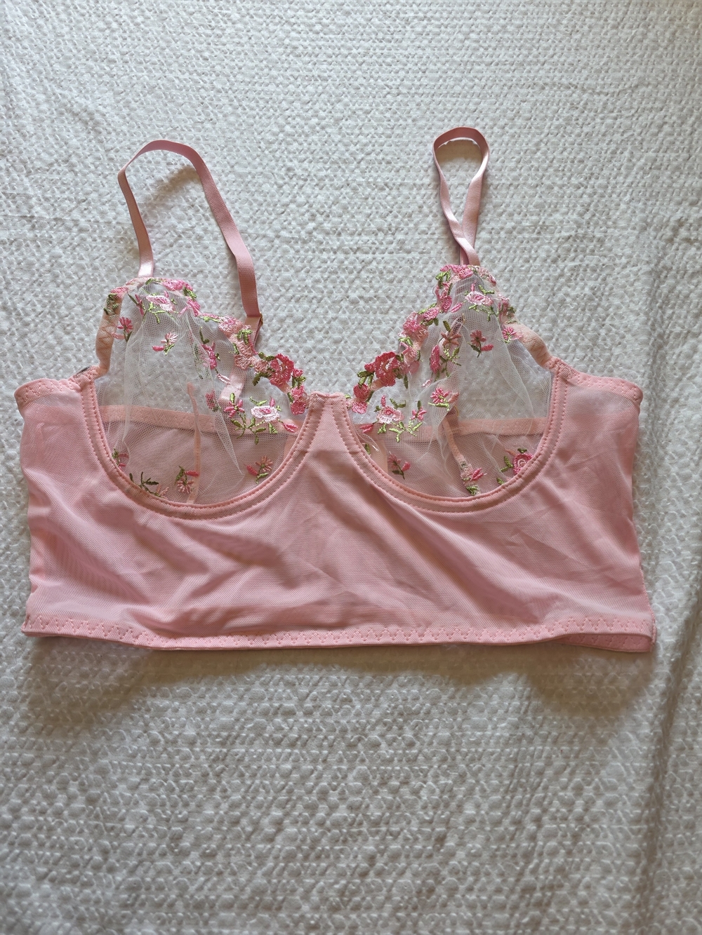 Sheer Floral Embroidered Pink Bralette with Adjustable Straps L